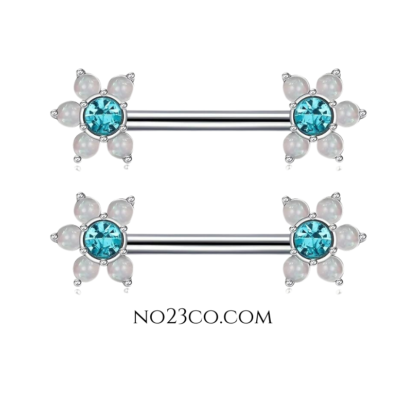 Blue Stone Flower Nipple Bar Piercing 14G Silver Surgical Steel 316L by No23Co