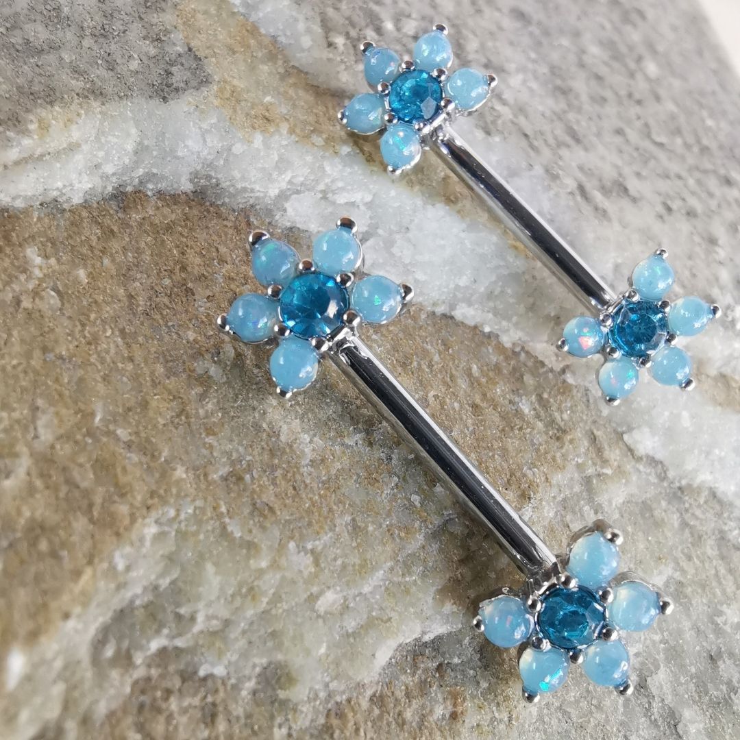 Blue Stone Flower Nipple Bar Piercing 14G Silver Surgical Steel 316L Blue Pearl find it in No23Co.com