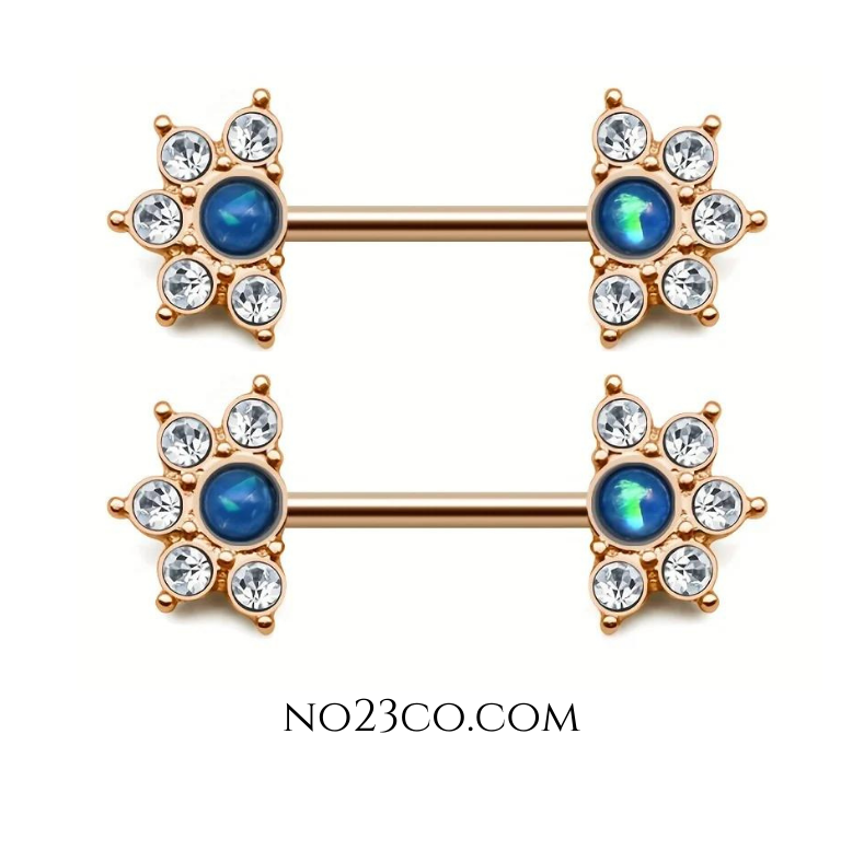 Blue Stone Mandala Flower Nipple Bar Piercing 14G Gold Surgical Steel 316L - No23Co