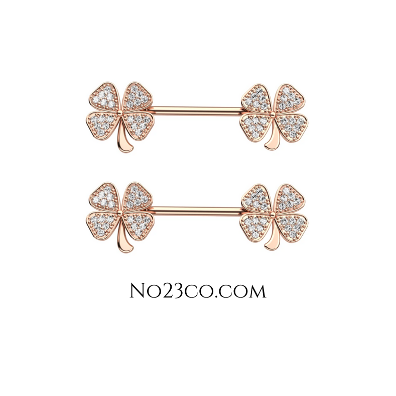 Clover Leaf Rose Gold Nipple Piercing Bar Jewelry with Cubic Zirconia made by 14G Surgical Steel 316L