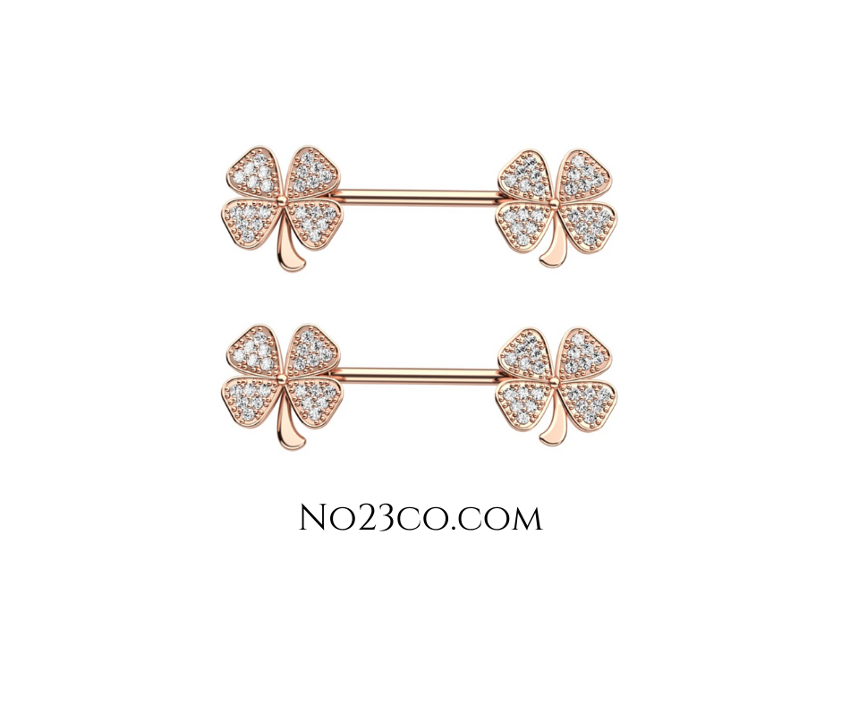 Clover Leaf Rose Gold Nipple Piercing Bar Jewelry with Cubic Zirconia crafted by hypoallergenic 316L Surgical Steel