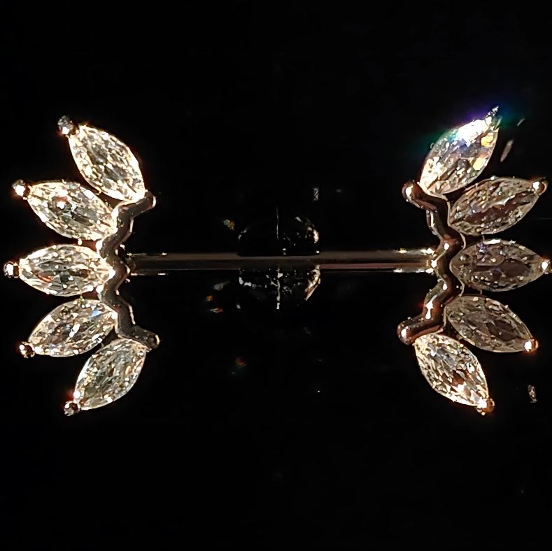 Crown-inspired silver nipple bars with clear cubic zirconia crafted by 14G surgical steel jewelry