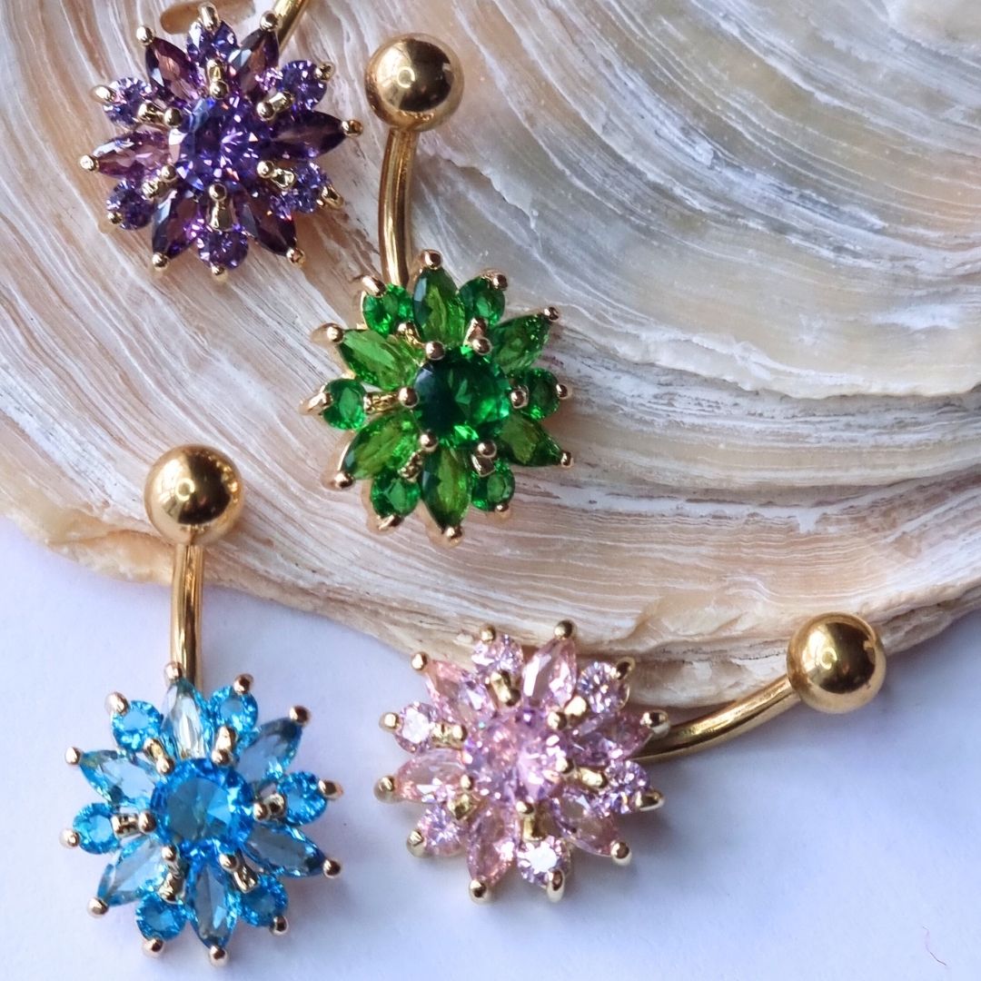 Different Colors Flower Navel Ring Piercing by 14G Gold Surgical Steel 316L