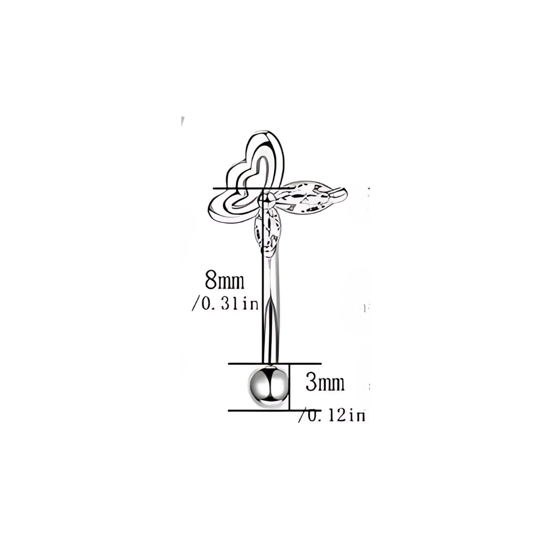 Dimensions of 16G stainless steel barbell with butterfly charm for eyebrow or rook piercing