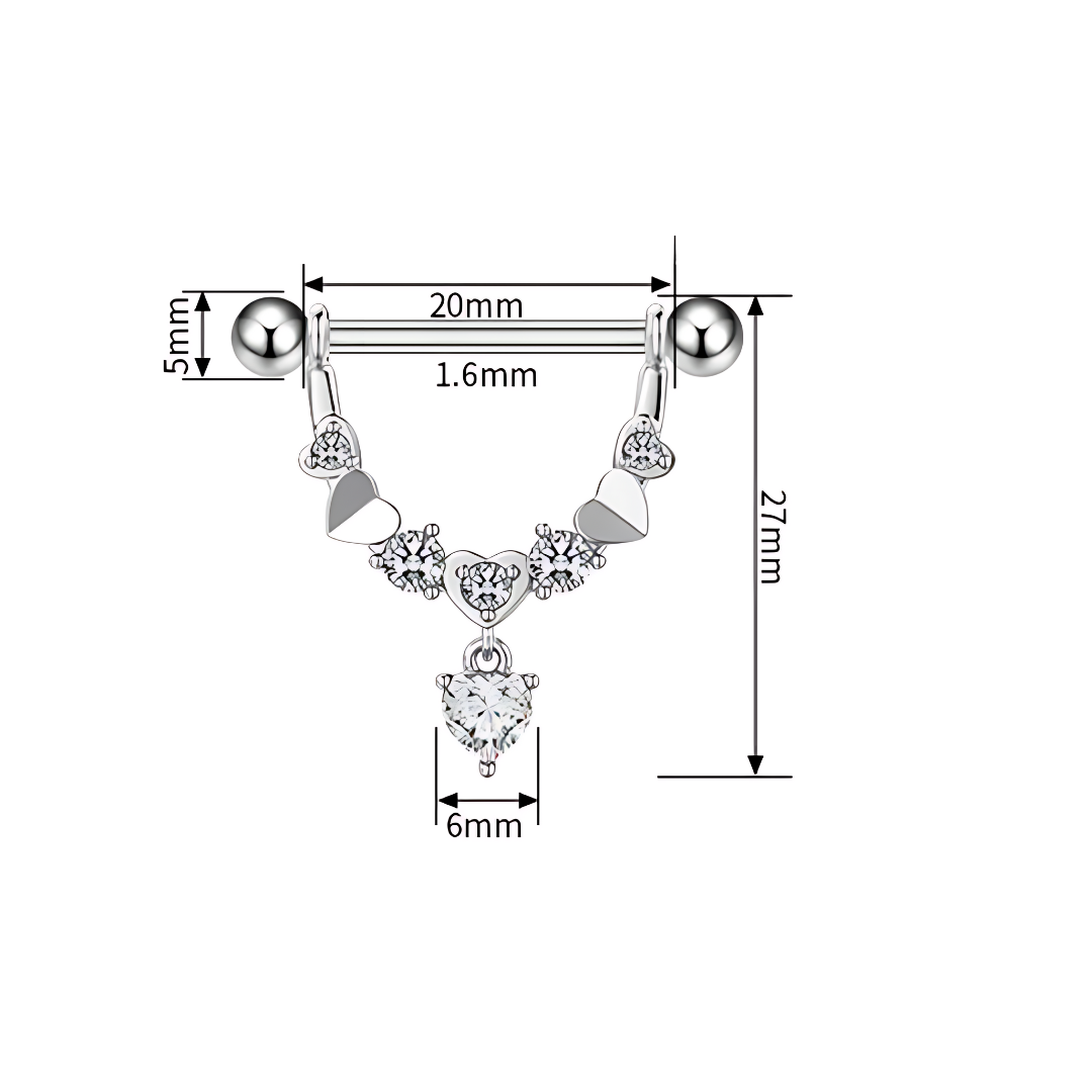 Dimensions of Heart Dangle Nipple Piercing Bar Shields with Cubic Zirconia – 14G Surgical Steel 316L