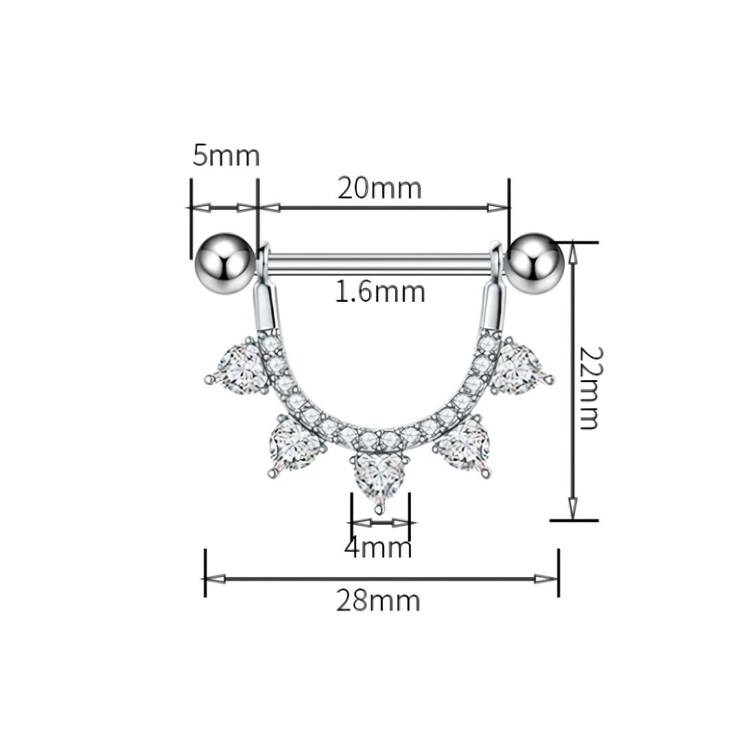 Dimensions of Shield nipple piercing bar in 14G 316L surgical steel with sparkling cubic zirconia