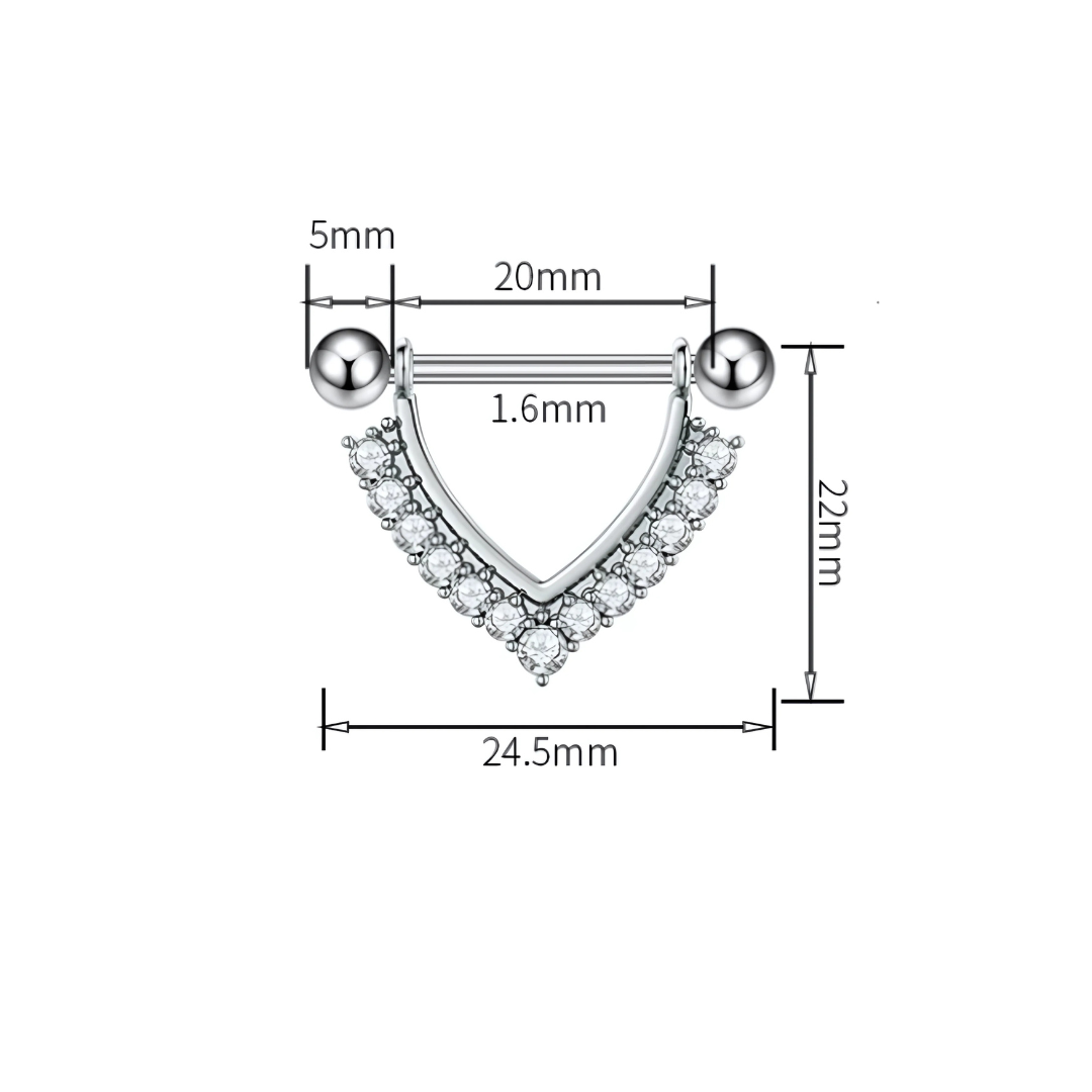Dimensions of Polished 14G surgical steel barbell featuring a triangular shield and sparkling cubic zirconia accents