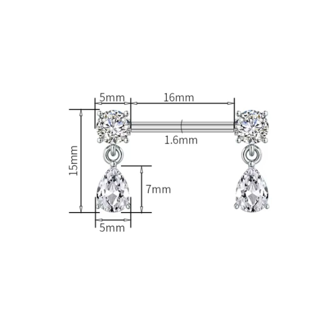 Dimensions of Silver Nipple Bars with Drop Dangly Ends - 14G Surgical Steel 316L