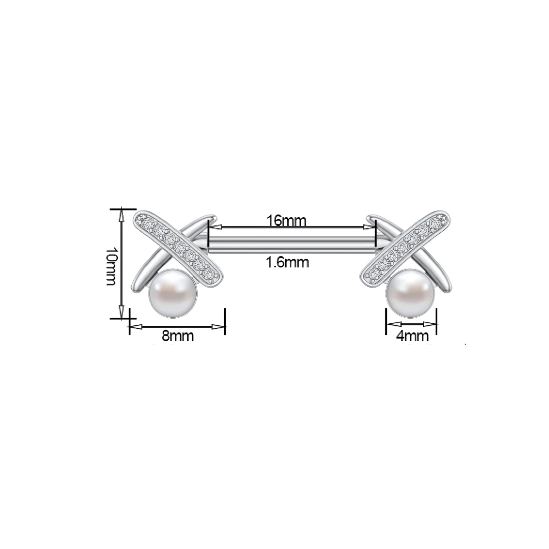 Dimensions of 14G surgical steel nipple bar featuring XO design and pearls