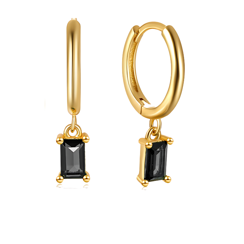 Droplet Earrings Black Rectangle Zirconia - 18K Gold Plated 925 Sterling Silver
