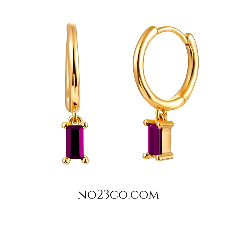 Droplet Earrings Magenta Rectangle Zirconia - 18K Gold Plated 925 Sterling Silver - No23Co
