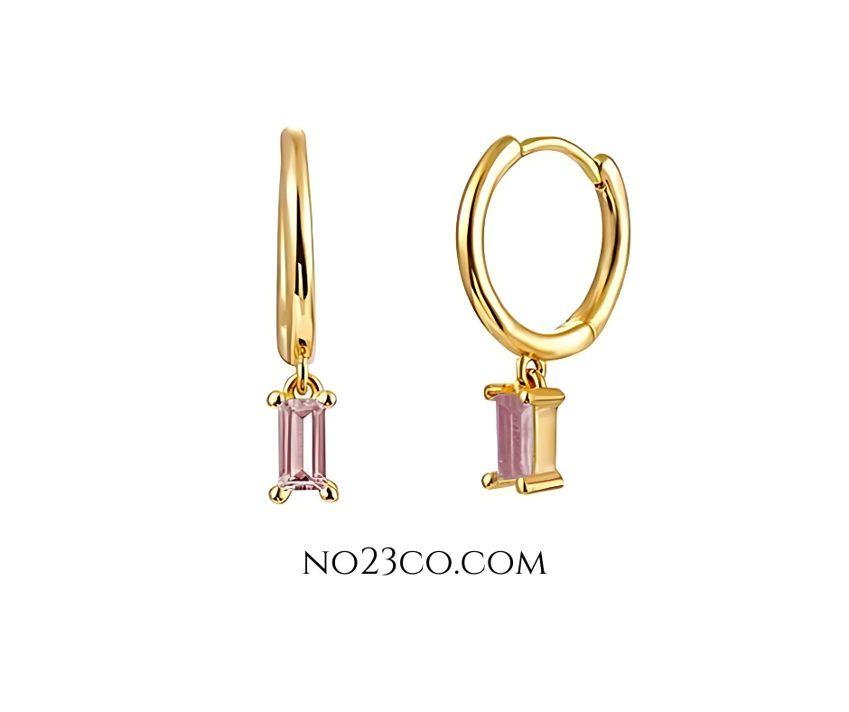 Droplet Earrings Pink Rectangle Zirconia crafted by 18K Gold Plated 925 Sterling Silver - No23Co