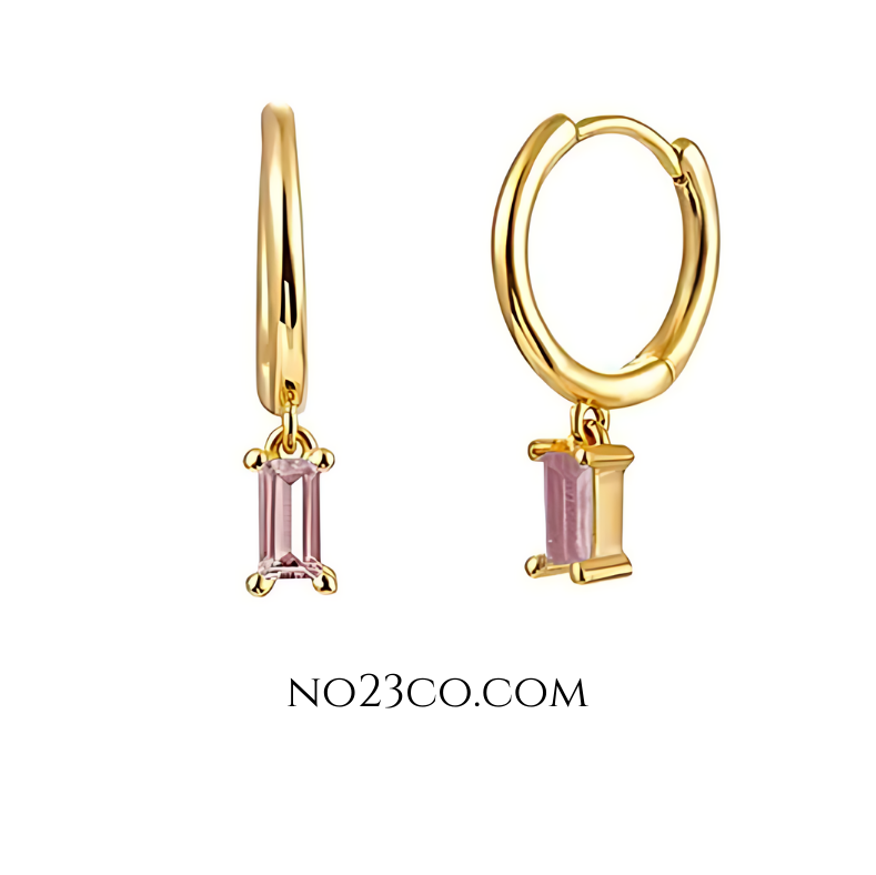 Droplet Earrings Pink Rectangle Zirconia - 18K Gold Plated 925 Sterling Silver - No23Co