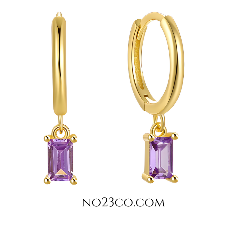 Droplet Earrings Purple Rectangle Zirconia - 18K Gold Plated 925 Sterling Silver - No23Co