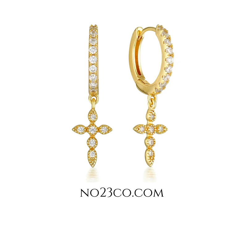Elegant 18K Gold Plated 925 Sterling Gold Cross Earrings Piercing with Sparkling CZ Droplets - No23Co