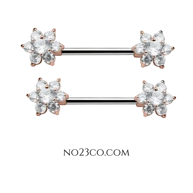 Flower Nipple Bar Piercing 14G Gold Rose Surgical Steel 316L with Cubic Zirconia - No23Co