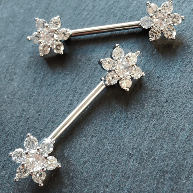 Flower Nipple Bar Piercing with Cubic Zirconia Jewelry - 14G Silver Surgical Steel 316L