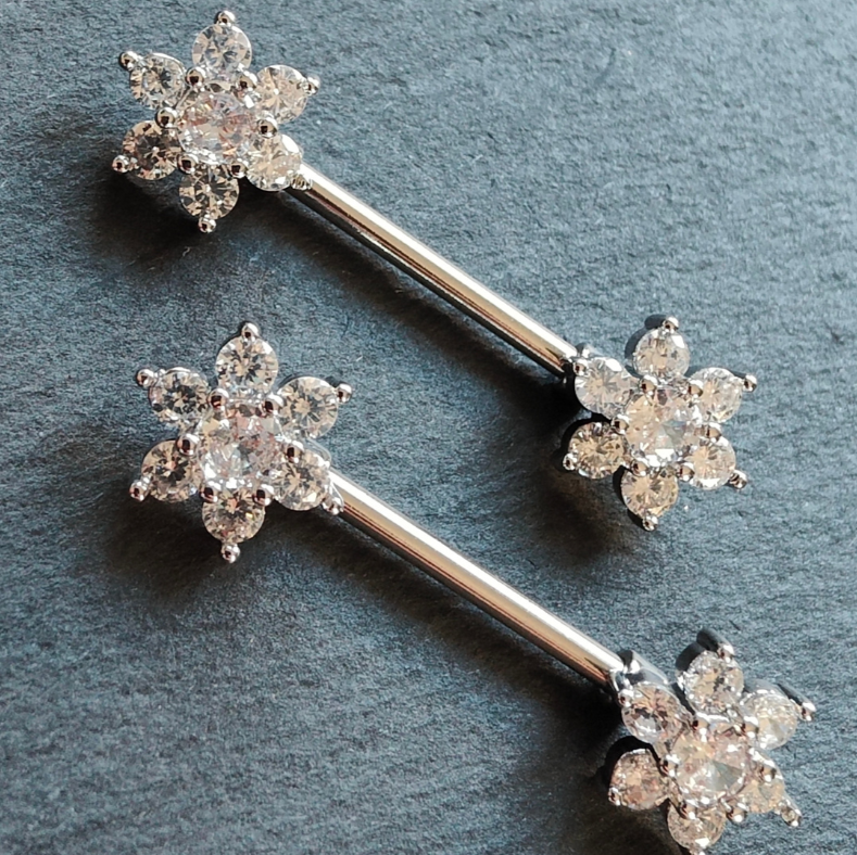Flower Nipple Bar Piercing with Cubic Zirconia Jewelry - 14G Silver Surgical Steel 316L