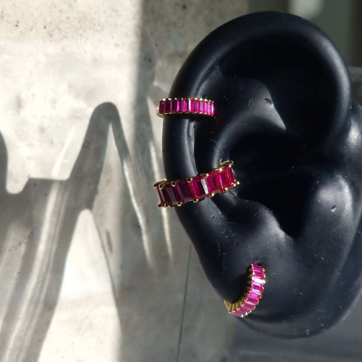 Modern rectangular magenta cubic zirconia earrings in 18K gold-plated 925 sterling silver, combining vivid sparkle with timeless design.