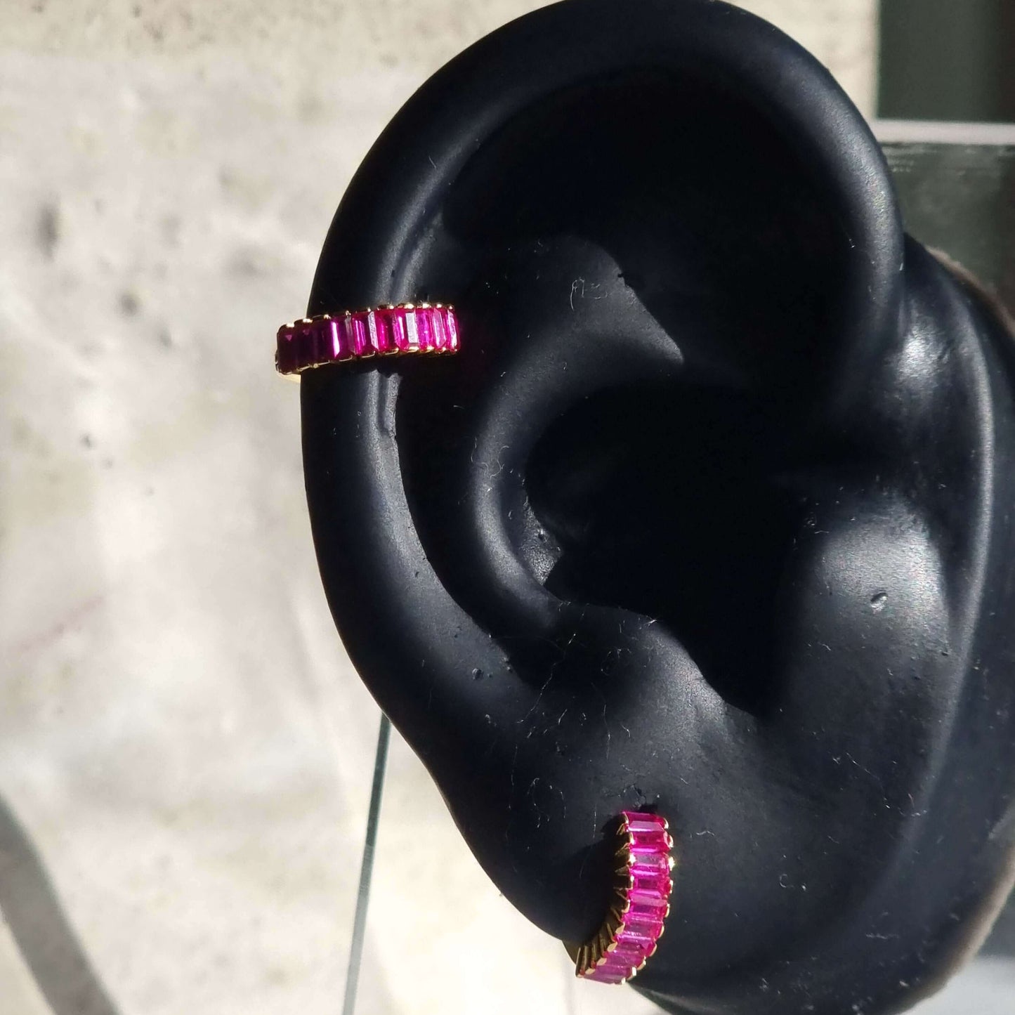 Gold 925 Earrings with Magenta CZ On ear