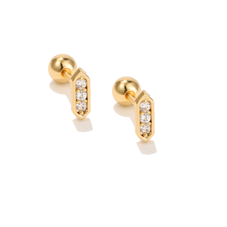 Gold Bar Ear Piercing with White 5A Zirconia Studs – Stainless Steel Jewelry