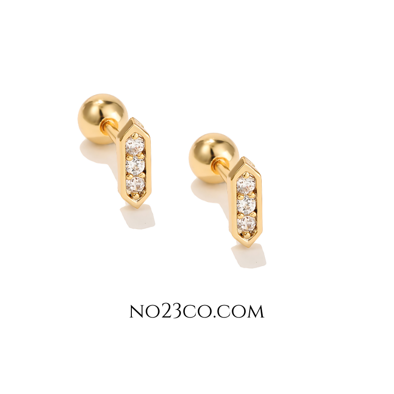 Gold Bar Earrings Piercing with White 5A Zirconia Studs – Stainless Steel Jewelry - No23Co