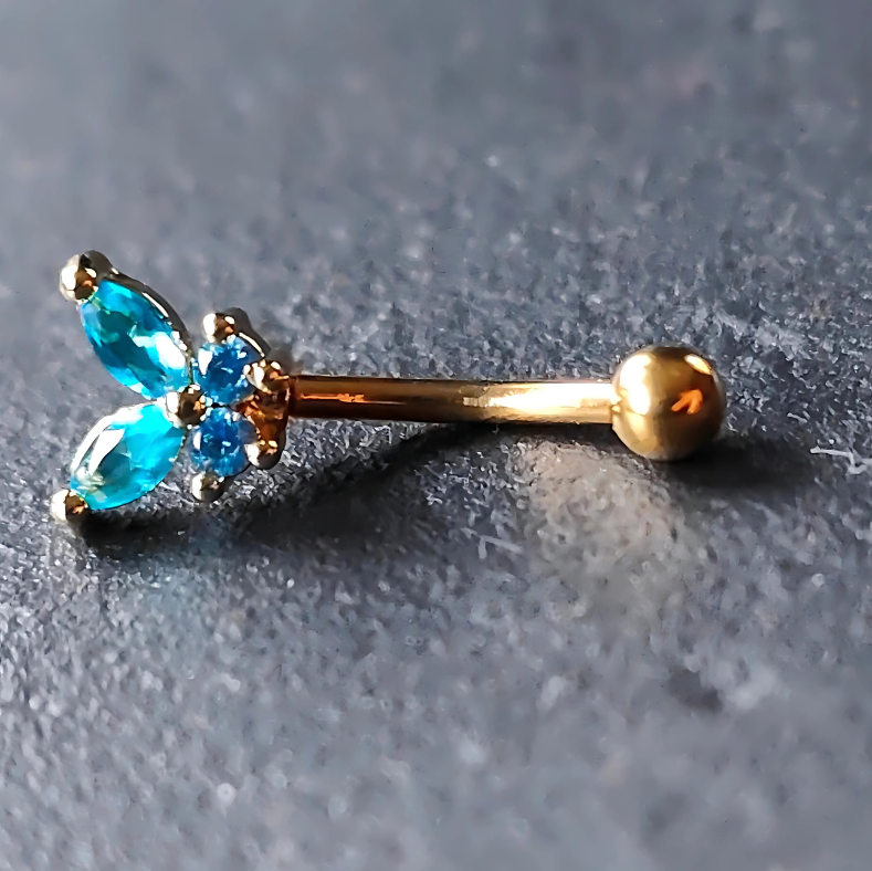 Gold Barbell with Blue Butterfly for Eyebrow or Rook Piercing – 16G Stainless Steel Jewelry