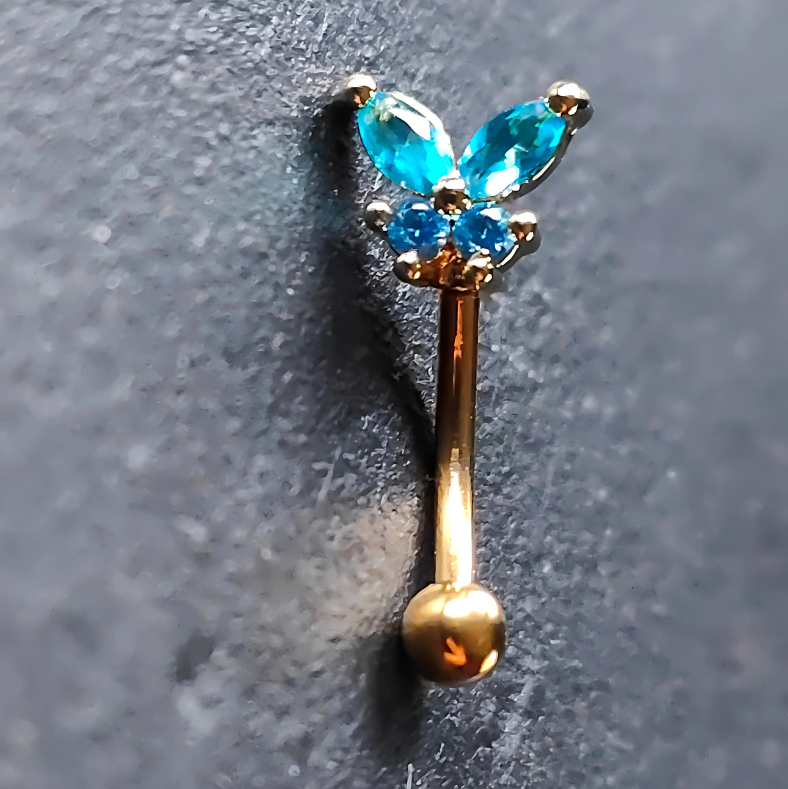 Gold Barbell with Blue Butterfly for Eyebrow or Rook Piercing – 16G Stainless Steel Jewelry by No23Co