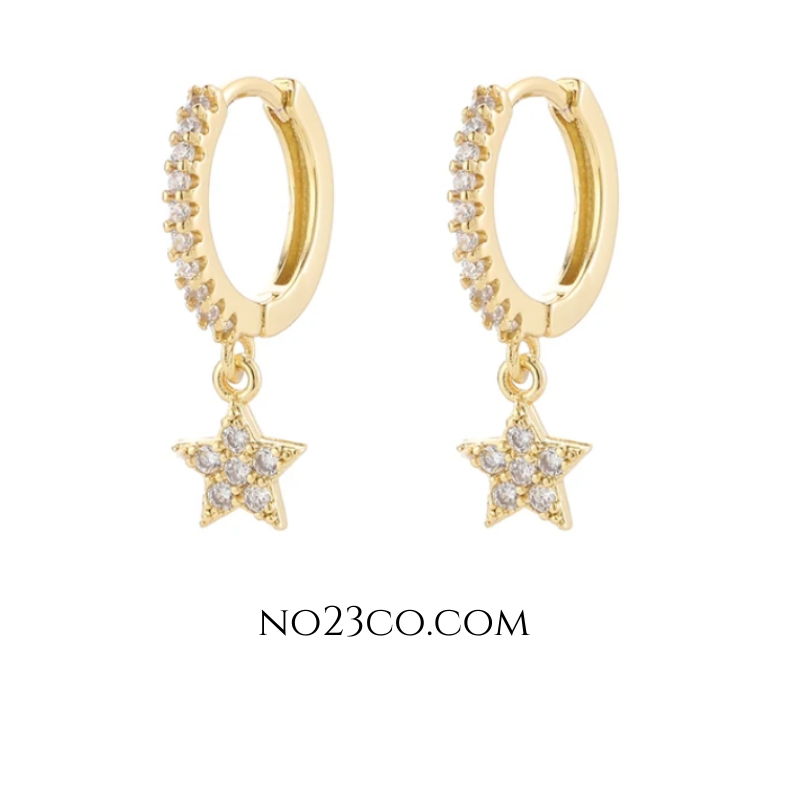 Gold Plated Earrings 925 Sterling Silver Star and CZ Droplets - Ear Piercing - No23Co