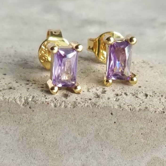 Gold Plated Rectangle Purple Zirconia Stud Earrings Hypoallergenic