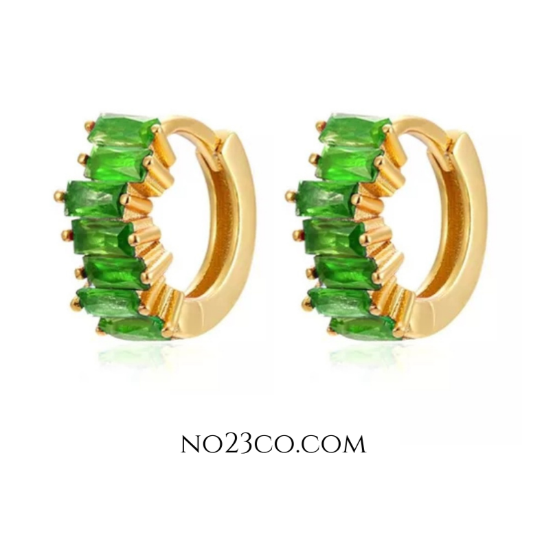 Green 5A zirconia huggie earrings crafted in 18K gold-plated 925 sterling silver, featuring rectangular-cut stones and a timeless hoop design.