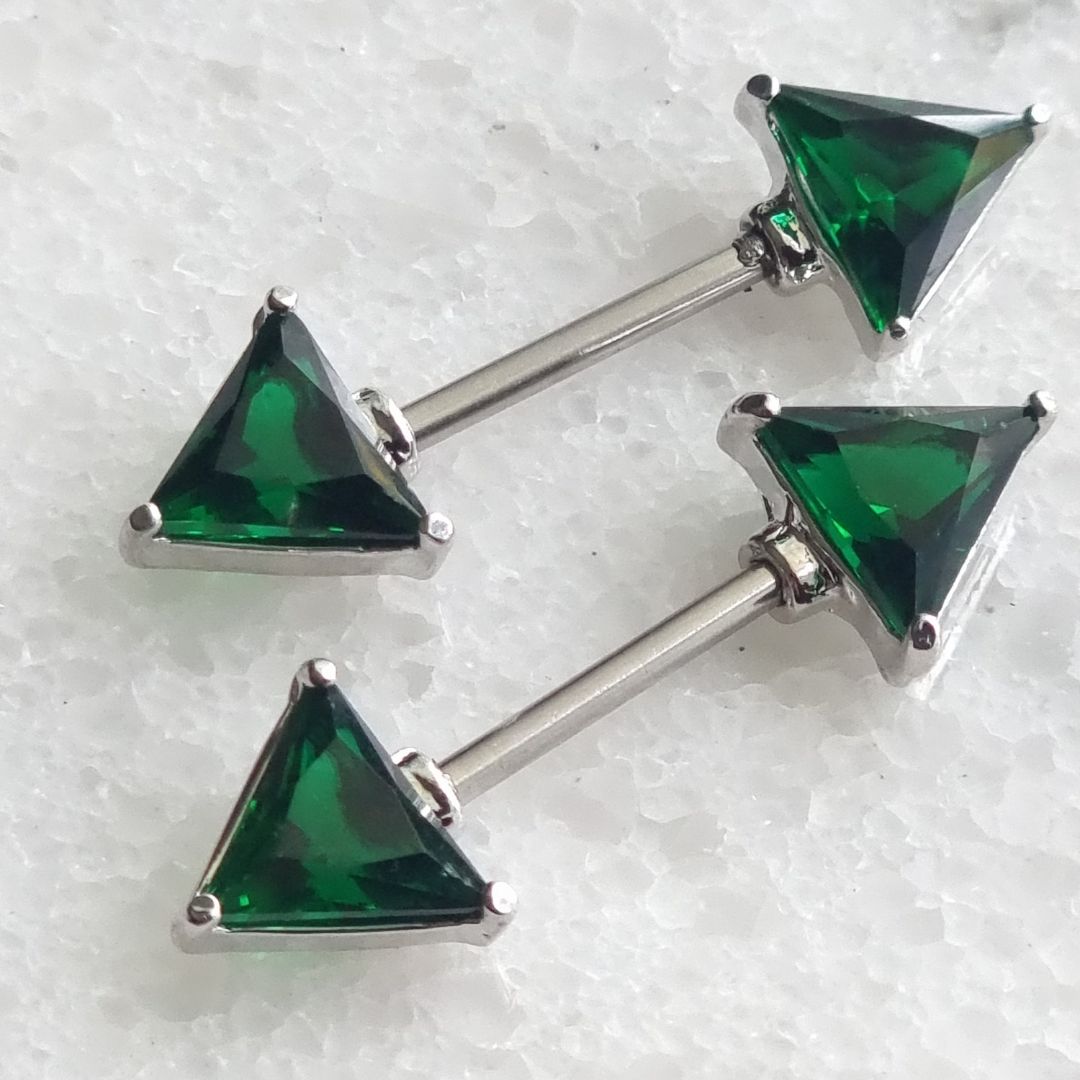 Green gem triangle nipple bar piercing with cubic zirconia, crafted from 14G surgical steel 316L