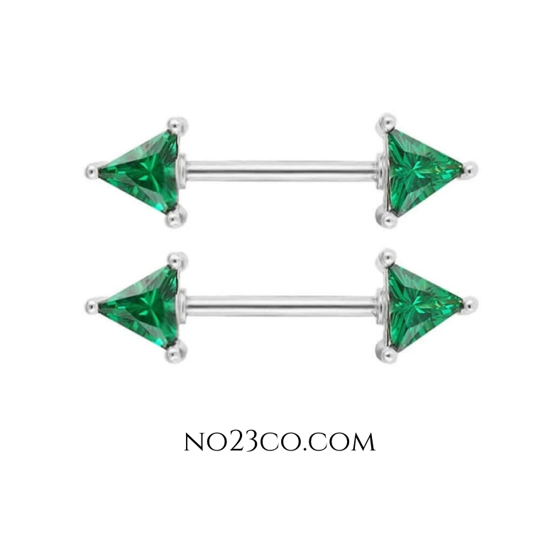Green Gem Triangle Nipple Bar Piercing Jewelry with Cubic Zirconia - 14G Surgical Steel 316L