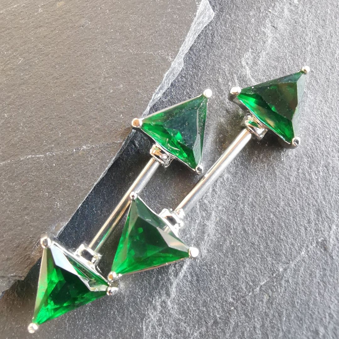 Green Gem Triangle Nipple Bar Piercing Jewelry with CZ - 14G Surgical Steel 316L