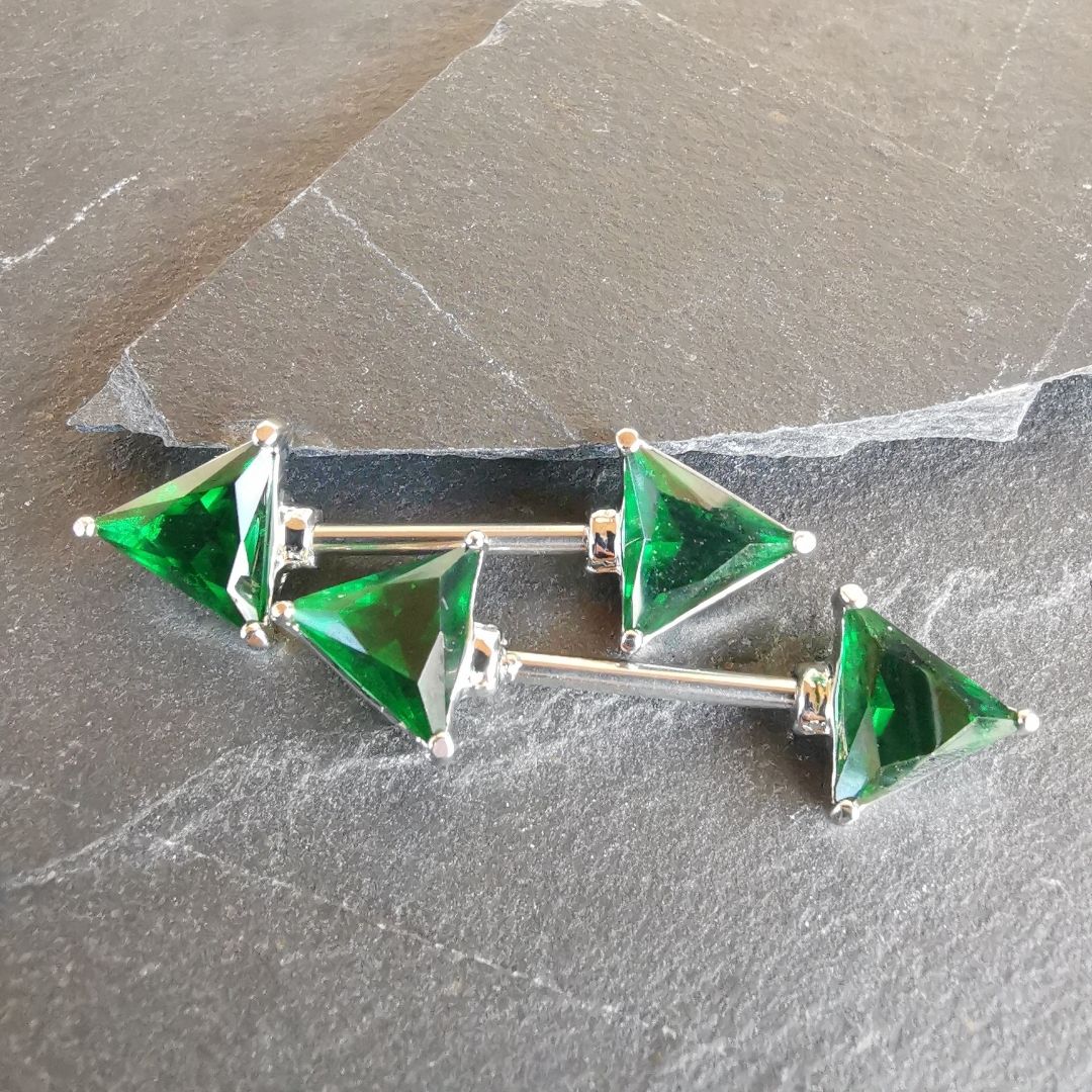 Green Gem Triangle Nipple Bar Piercing Jewelry with CZ - 14G Surgical Steel 316L