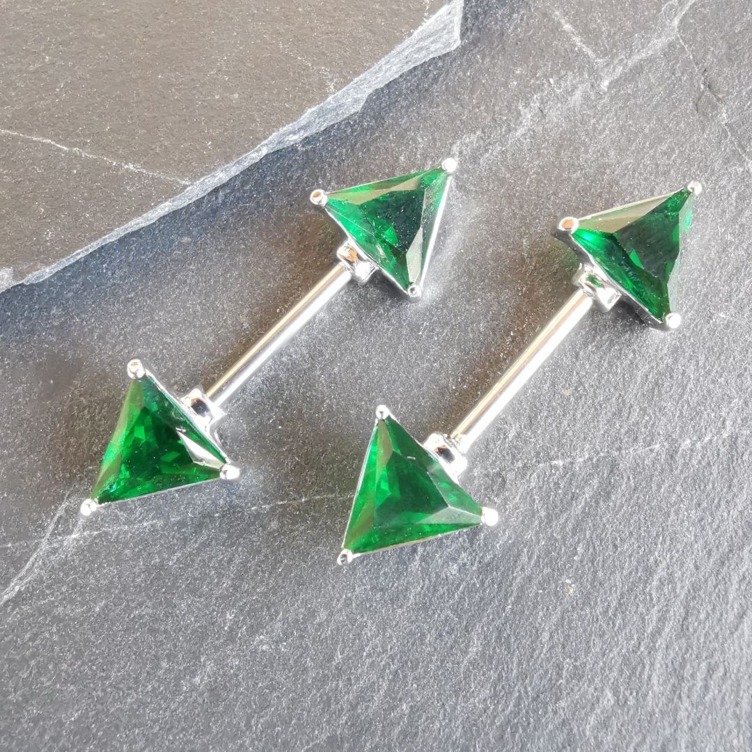 Green Gem Triangle Nipple Bar Piercing Jewelry with Cubic Zirconia