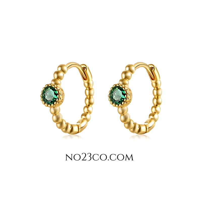 Front view of green zirconia tiny hoop ear piercing pair with 18k gold-plated sterling silver 925 finish showcasing a sleek design.