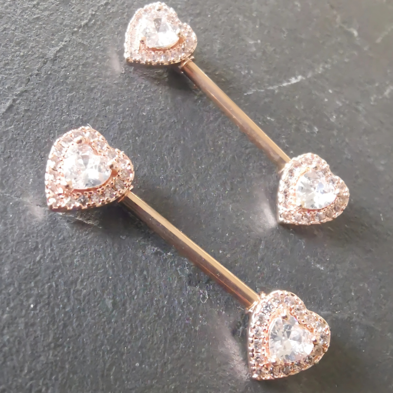 Heart Nipple Bar Piercing 14G Rose Gold Surgical Steel 316L with Cubic Zirconia