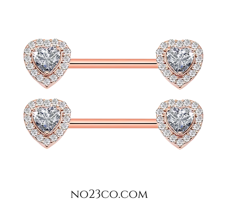 Heart Nipple Bar Piercing 14G Gold Rose Surgical Steel 316L with Cubic Zirconia - No23Co
