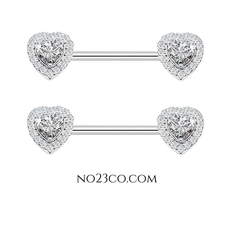 Heart Nipple Bar Piercing 14G Silver Surgical Steel 316L with Cubic Zirconia - No23Co