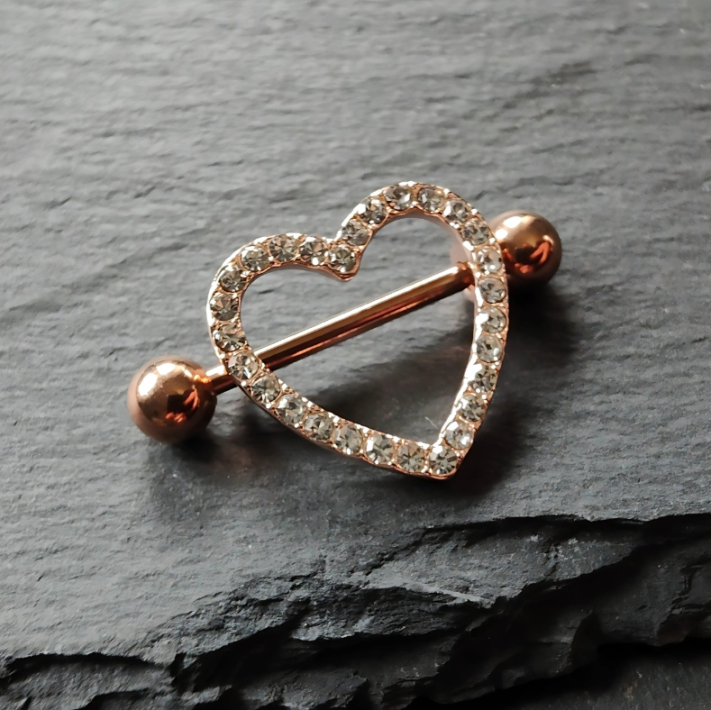 Heart Nipple Piercing Shield Bar Jewelry - 14G Rose Gold Surgical Steel 316L By No23Co