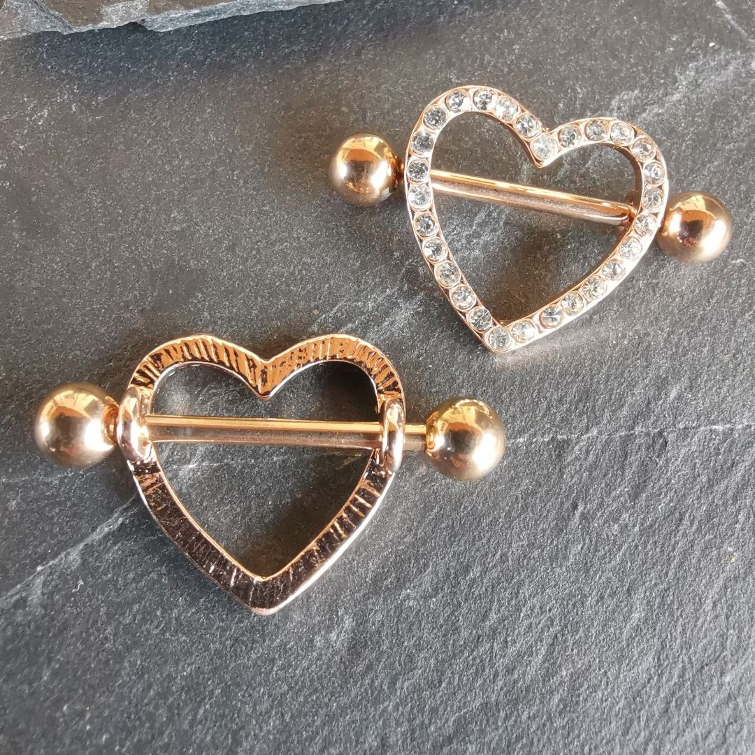 Stylish heart nipple shield bars in rose gold, 14G surgical steel 316L body jewelry