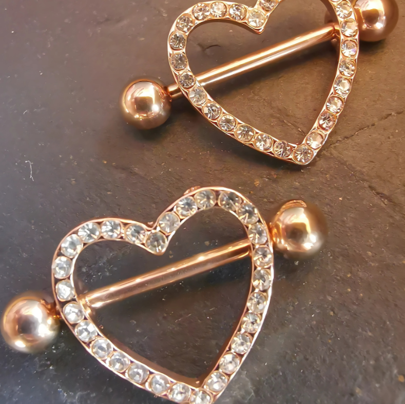 Heart Nipple Piercing Shield Bars Jewelry - 14G Rose Gold Surgical Steel 316L