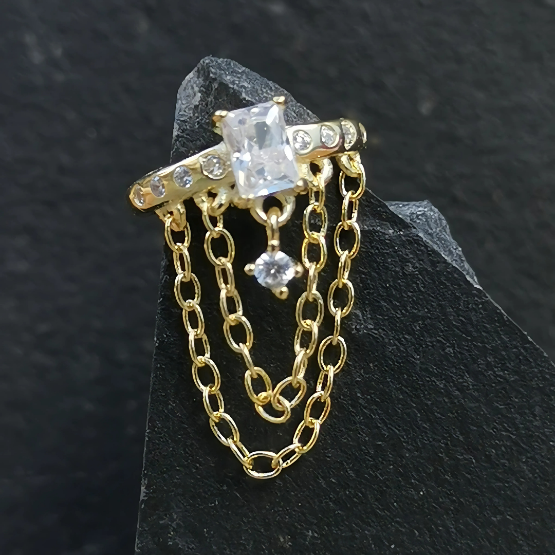 Helix Hook Ear Piercing with Chains and Zirconia - 18K Gold Plated 925 Sterling Silver