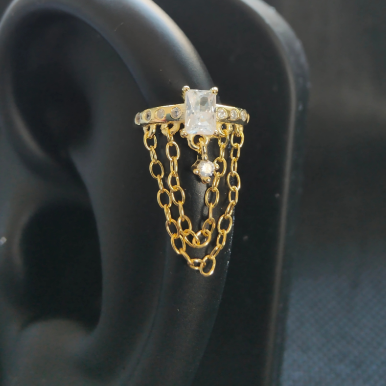 Helix Hook Ear Piercing with Chains and Zirconia - 18K Gold Plated 925 Sterling Silver