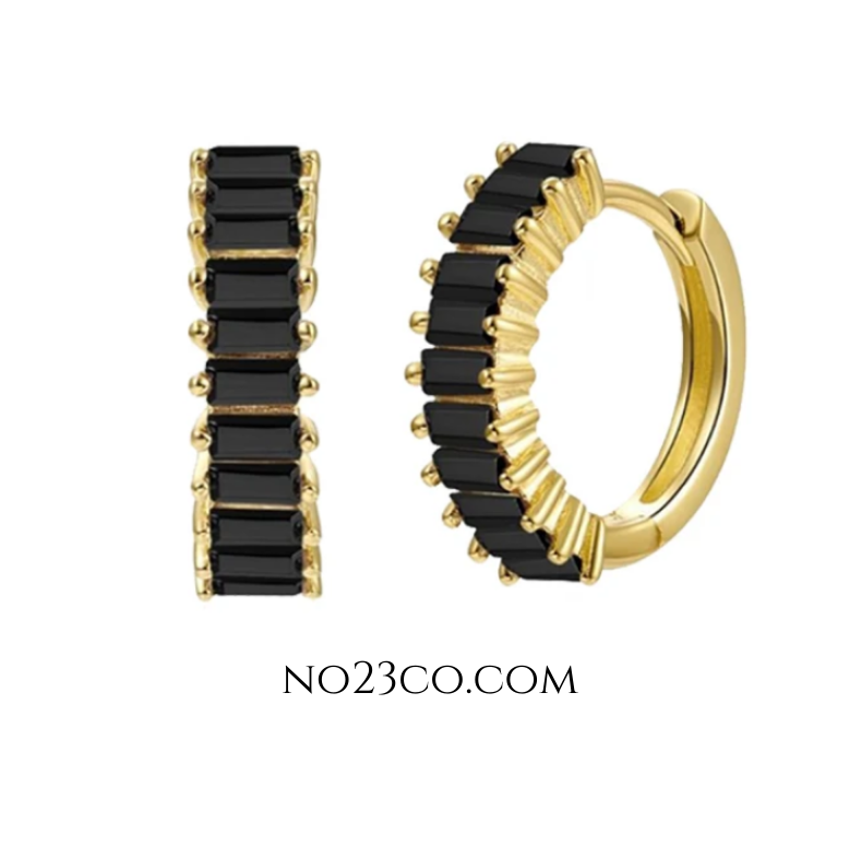 Black zirconia huggie earrings in 18K gold-plated 925 sterling silver, featuring rectangular-cut stones and a sleek, modern hoop design.