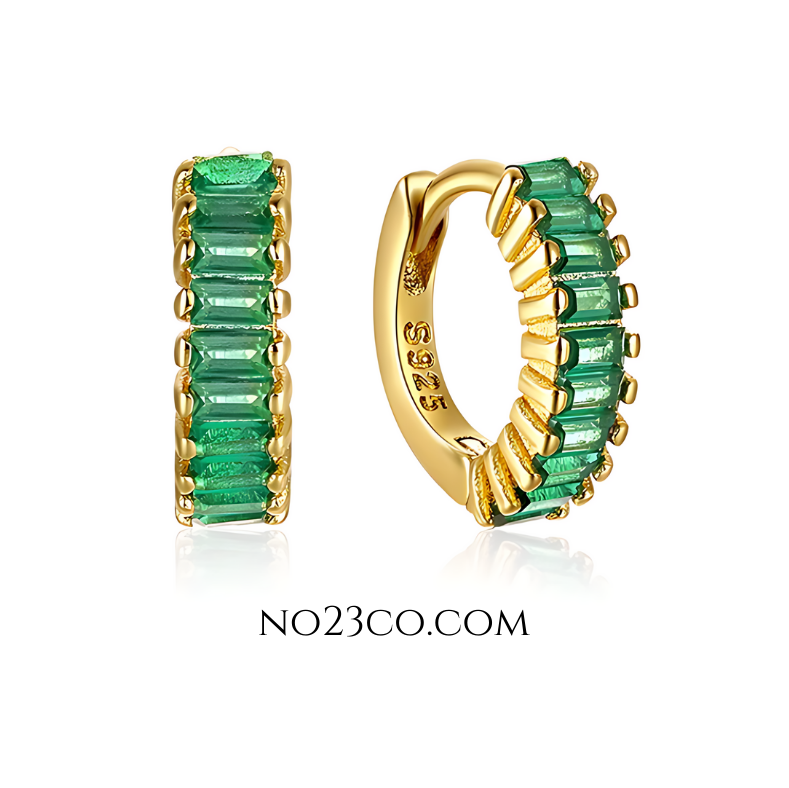 Green zirconia huggie earrings crafted in 18K gold-plated 925 sterling silver, featuring rectangular-cut clear stones and a minimalist hoop design.