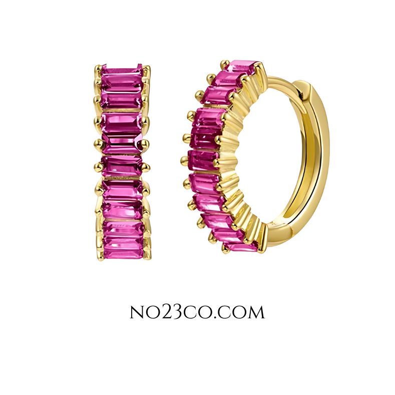 Magenta zirconia huggie earrings crafted in 18K gold-plated 925 sterling silver, featuring rectangular-cut clear stones and a minimalist hoop design.