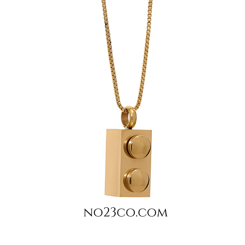 Lego-inspired rectangle brick necklace, waterproof and sweatproof, crafted with 18K gold PVD plated stainless steel