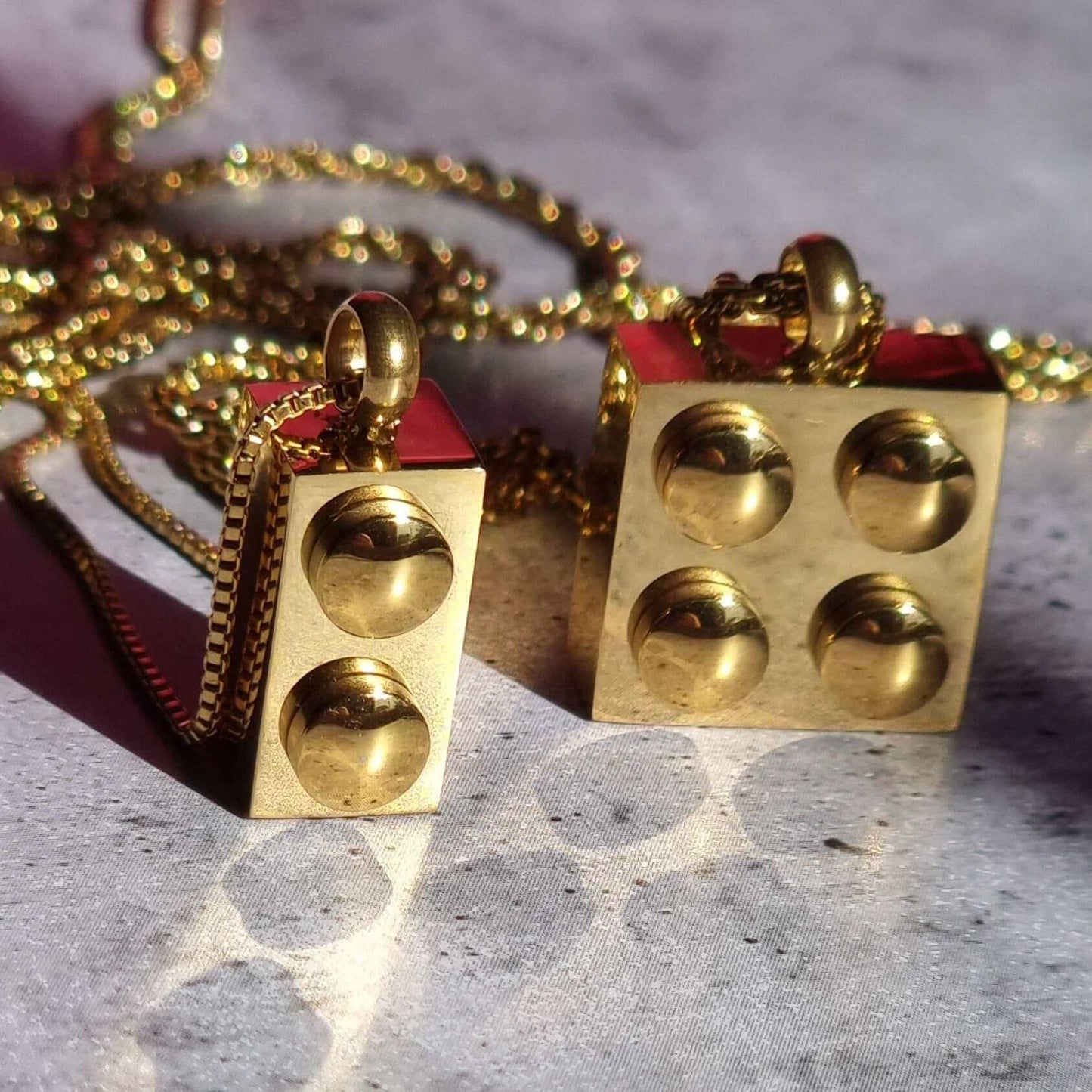 Lego-inspired square and rectangle brick necklace, waterproof and sweatproof, crafted with 18K gold PVD plated stainless steel